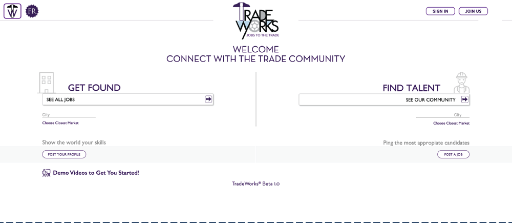 TradeWorks splash page — the home screen split into job seeker and employer paths