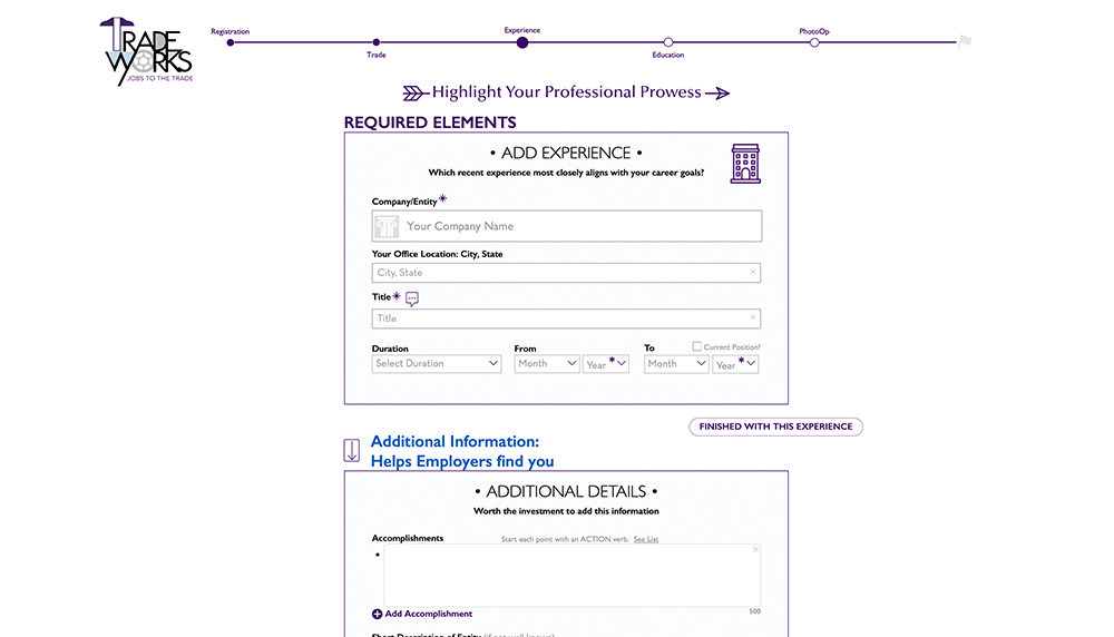 Experience and education step of the onboarding flow