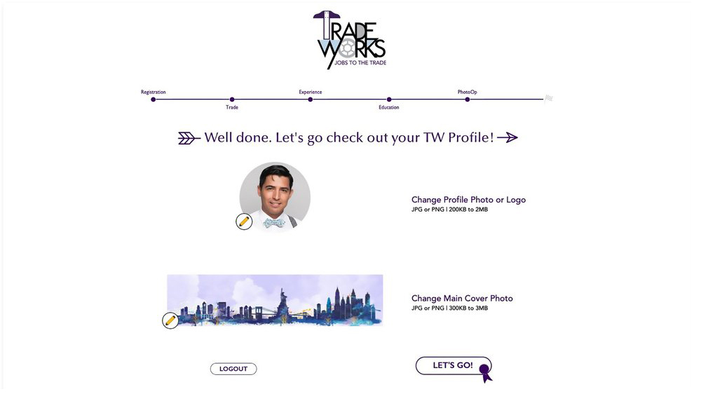 Profile pictures step — uploading a headshot and background image