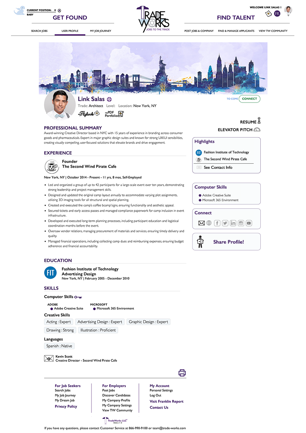 A finished TradeWorks personal profile with headshot, background image, and editable sections